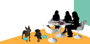 A picture with three black silhouettes sitting around a table. There are two dogs on the ground with the names "Tyson" and "J. Doe."