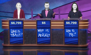 Image of three contestants from the game show "Jeopardy" with the faces of Tracy, Angel, and Mackenzie edited on top of the faces of the real contestants.