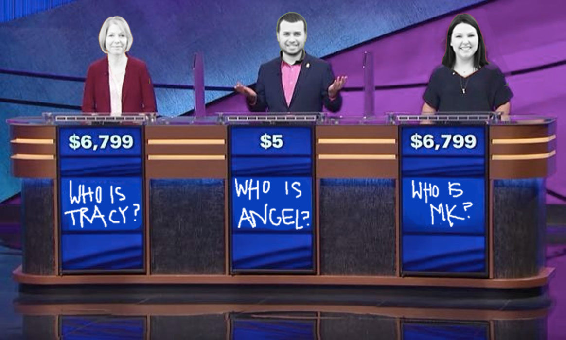 Image of three contestants from the game show "Jeopardy" with the faces of Tracy, Angel, and Mackenzie edited on top of the faces of the real contestants.