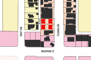 Map showing the location of eight modern units and their surrounding streets and buildings. The eight units are colored bright red to indicate their location.