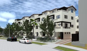 Rendering of multiple modern units from the street. Shows unit entrances, driveways, front yards, and the sidewalk.