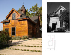 Two photos of the exterior of a modern house along with a floor plan. The two photos shows the house's wood cladding exterior and black shingle roof, while the floor plan shows the ground floor layout.