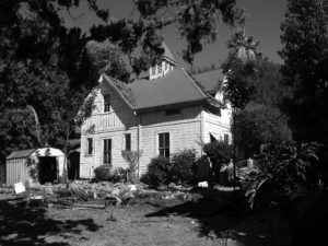 Photo of the exterior of a modern house. Includes a wooden facade and black shingled roof, a view of the backyard, and surrounding foliage and trees.