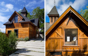 Two photos of the exterior of a modern house. The left photo shows the house's wood cladding exterior and black shingle roof, while the right zooms in on a window revealing the interior of the second floor.