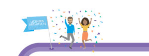 Graphic showing a man and a woman of color cheering with confetti around them. A flag next to them reads "licensed architects."