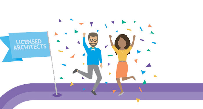 Graphic showing a man and a woman of color cheering with confetti around them. A flag next to them reads "licensed architects."