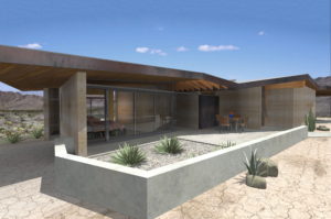 Rendering of modern desert house from the outside. Includes concrete pony wall surrounding entire building, an outdoor seating area with wooden chairs and table, and a view of the bedroom through the floor to ceiling glass windows.