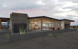 Rendering of modern desert house from the outside. Includes concrete pony wall surrounding entire building, an outdoor seating area with a fire pit, and a view of the kitchen and living room through the floor to ceiling glass windows.