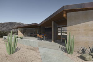 Rendering of modern desert house from the outside. Includes concrete pony wall surrounding entire building, an outdoor seating area with wooden chairs and table, and a view of the bedroom through the floor to ceiling glass windows.