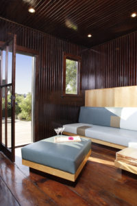 Interior photo of a Los Angeles historic carriage house transformed into a contemporary space. Features a glossy dark brown wall color contrasting with light blue cushioned couches.