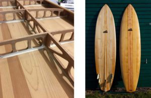 Two separate photos of wooden surfboards. The photo on the left shows the interior of a board, while the one on the right shows two surfboards propped against a blue wall.