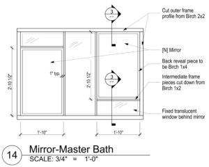 Detail drawing for a master bathroom mirror. Callouts include information about the outer frame, the back reveal, and the intermediate frame.