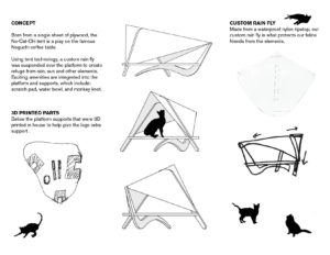 Sketches and text describing the development of the cat structure. The text discusses how the structure protects cats from the elements, provides a variety of opportunities to integrate amenities, and how the supports are 3D printed.