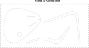 Drawing of each individual piece of the cat structure laid flat. Includes the base piece and the two attaching pieces.