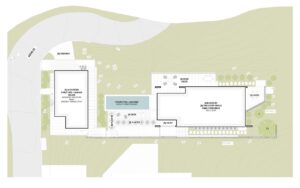 Ground floor site plan with a modern two-story single family residence and a separate garage. Shows the entryway, outdoor patio, and future pool location.