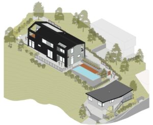 Isometric drawing of the side and front of a modern two-story single family residence and a separate garage. Shows the balconies, outdoor patio, future pool, and neighboring buildings.