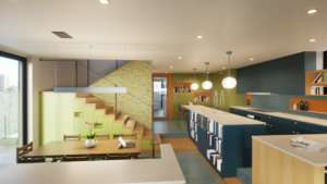 Rendering of the interior of a modern units. Shows the kitchen, dining room, and staircase with green and blue walls.