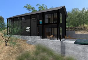 Exterior rendering of the side facade of a modern house. The house features black wood walls and a metal roof, and sits on top a concrete platform that also holds a pool.