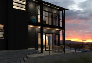 Exterior rendering of a modern house against a sunset. The house features black wood walls and a metal roof, and sits on top a concrete platform that also holds a pool.