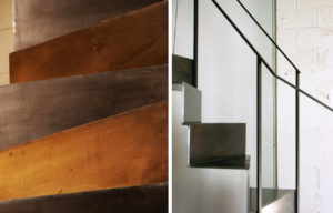 Two separate photos of a modern staircase. The photo on the left is a close-up showing the risers from the front, while the photo on the right shows the staircase from the side