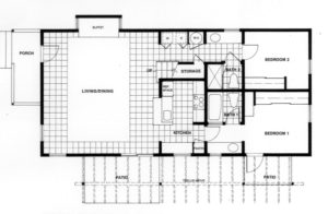 First floor site plan of a suburban house. Shows the living and dining room, bedrooms, kitchen, and outdoor spaces.