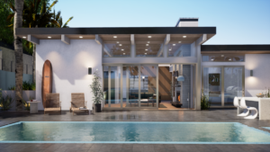 Rendering of a backyard and living room within a modern house. The backyard features a pool and multiple chairs, while the background features a sliding glass door opening into a living room.