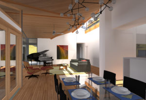 Rendering of a modern dining and living space. Includes white stucco walls, a wooden floor and roof, and a thin skylight on the right.