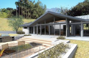 Rendering of the exterior space of a modern house. Includes a stepdown into a conversation pit with wooden floors, as well as a view of the floor to ceiling glass windows and doors that make up the house facade.