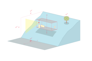 Graphic depicting the various quantities of the hillside house construction. The horizontal and vertical dimensions of the hill, the setback of the hill, and the removal of a tree, are all marked with a red check mark. However, the placement of the house on the hill is marked with a red question mark.