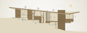 Drawn elevation of a modern house. Sows the wood and stucco walls in a beige color palette, with a paper texture for the background and section markings.