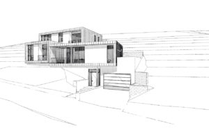 Sketch rendering of a modern house embedded into a hill. Shows the road in front of the house, the driveway and garage, the front entryway, and multiple balconies on the front facade.