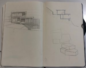 Multiple pencil sketches in a sketchbook depicting a modern house embedded into a hillside. The left features a front elevation, while the right has a massing stetch and a section.