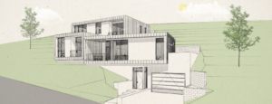 Colored sketch rendering of a modern house embedded into a hill. Shows the road in front of the house, the driveway and garage, the front entryway, and multiple balconies on the front facade.