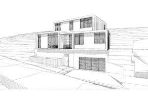 Sketch rendering of a modern house embedded into a hill. Shows the road in front of the house, the driveway and garage, the front entryway, and multiple balconies on the front facade.