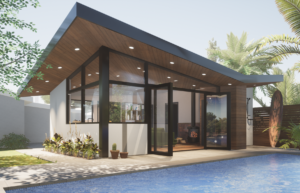 Exterior rendering of a modern accessory dwelling unit. Features both white stucco and wood walls, a black roof with a wood soffit, and a pool in the foreground.