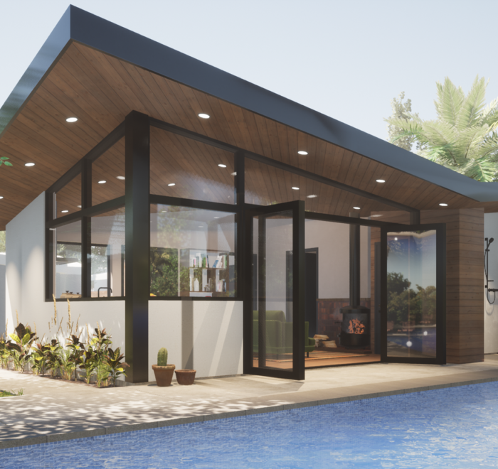 Exterior rendering of a modern accessory dwelling unit. Features both white stucco and wood walls, a black roof with a wood soffit, and a pool in the foreground.