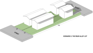 Graphic depicting two houses and two ADU's on the same property. The property is split in half, and both halves have one house close to the street in the front and one ADU close to the alley in the back.