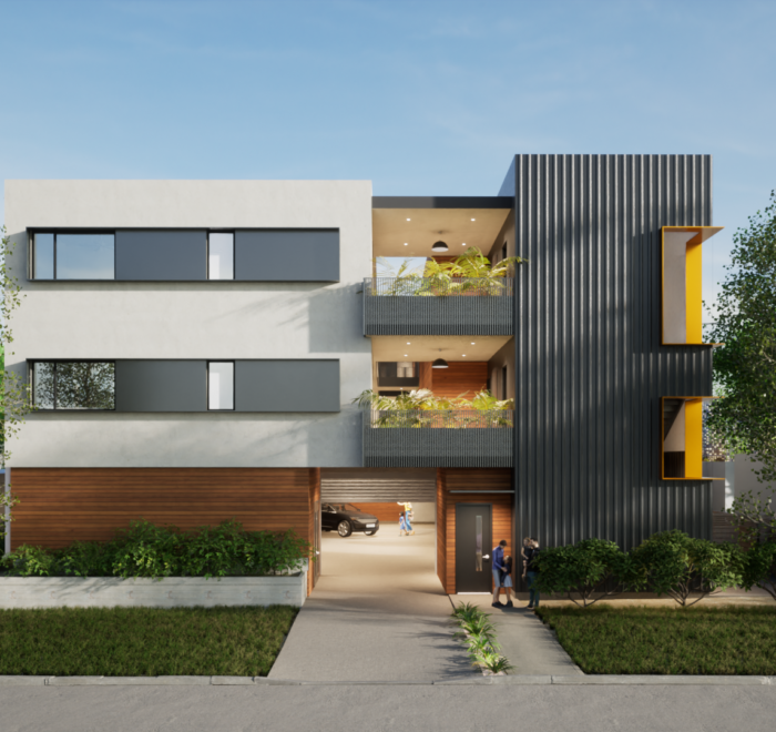 Rendering of front of a modern apartment complex. Includes the road, driveway, garage interior, and common area balconies.