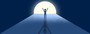 A cartoon image of a man in a tunnel walking towards the exit, which is lit up.