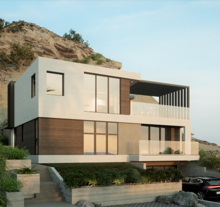 View of front of a modern house. Includes the driveway, balcony, rooftop, and staircase leading to the entryway.