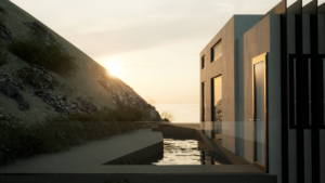 Rendering of outdoor pool of modern house. Includes a cliff face to the left, a view of the ocean in the middle, and the concrete facade of the house to the right.