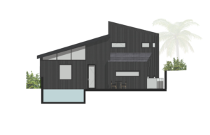 Elevation drawing of back facade for a modern house. Shows the back patio, pool, and multiple windows and doors along with their opening direction.