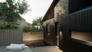 Rendering of a backyard pool outside a modern house. Includes a cliffside in the background, stone tiles and walls around the pool, and the black wooden facade of the building on the right.