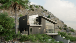 Rendering of a front facade for a modern house. Shows the garage and driveway, multiple balconies, and a cliffside in the background.