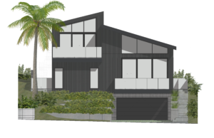 Elevation drawing of front facade for a modern house. Shows the garage and driveway, multiple balconies with the directions of sliding doors, and the foliage in the front yard.