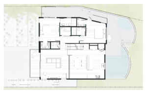 Second story plan of a modern house. Shows two bedrooms, three bathrooms, a living room, dining room, and a kitchen.