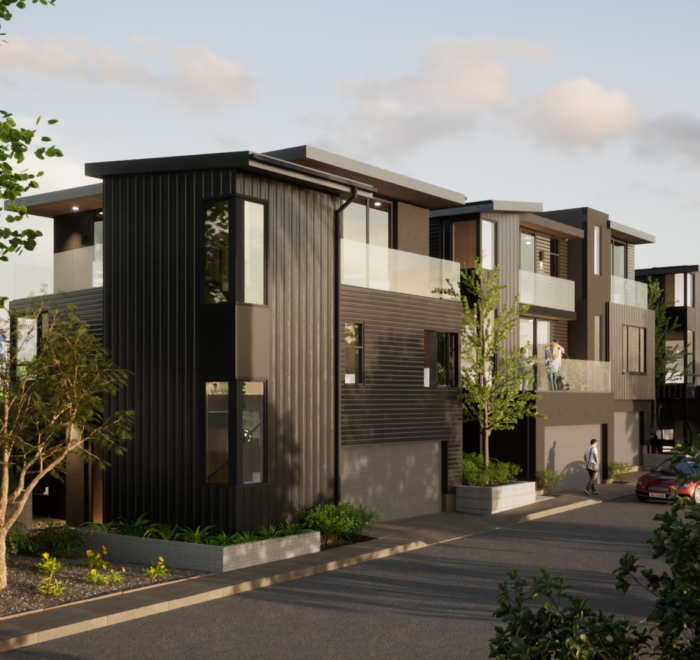 Exterior rendering of the back and side of a modern unit. Includes garage doors, balconies, sidewalk, and driveway.