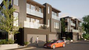 Rendering of the alley and backside of two modern units. Shows the driveway, garage, balconies, and rooftops.