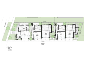 Ground floor site plan with five modern units. Shows the garage and entryway.