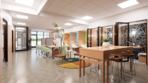 Interior rendering of a modern office building. Includes wooden desks both freestanding and against the wall, a casual seating area, and glass doors leading to private call rooms.